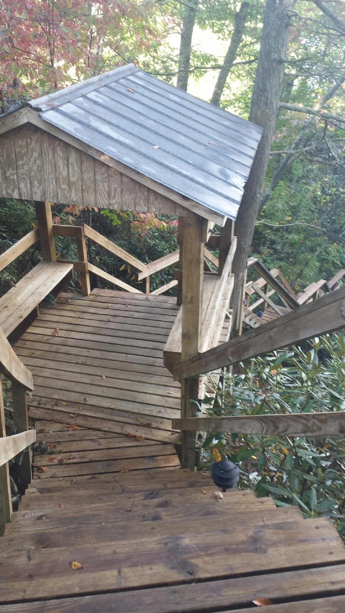 Metal roofed shelter over wooden steps on a wooded walkway — Skylight Repair & Installation work by our crew in Evangeline